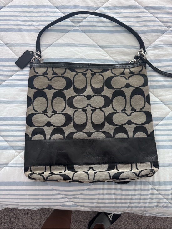 Coach Handbags - Coach Signature Canvas Shoulder Bag in Black and Cream
